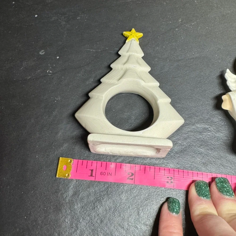 Vintage Ceramic Christmas Napkin Rings Angel and Christmas Tree White Yellow Set